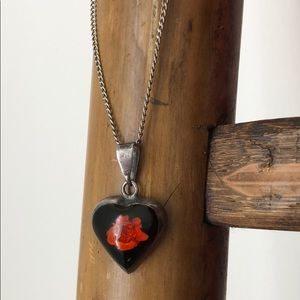 Silver/acrylic heart-shape, flower charm necklace